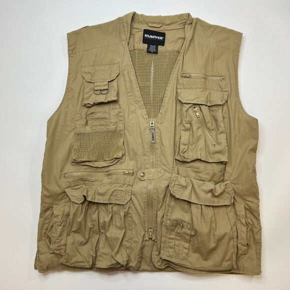 Humvee Fishing Vest Mens 2XL XXL Beige Cotton V Neck Zip Up Multi Pockets *READ - Picture 2 of 12